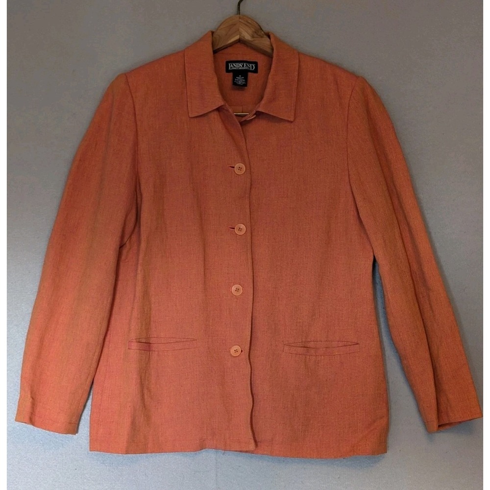 Lands End Linen Blend Women's Blazer Jacket Sz 8 Orange Shimmer Gorpcore Button‎